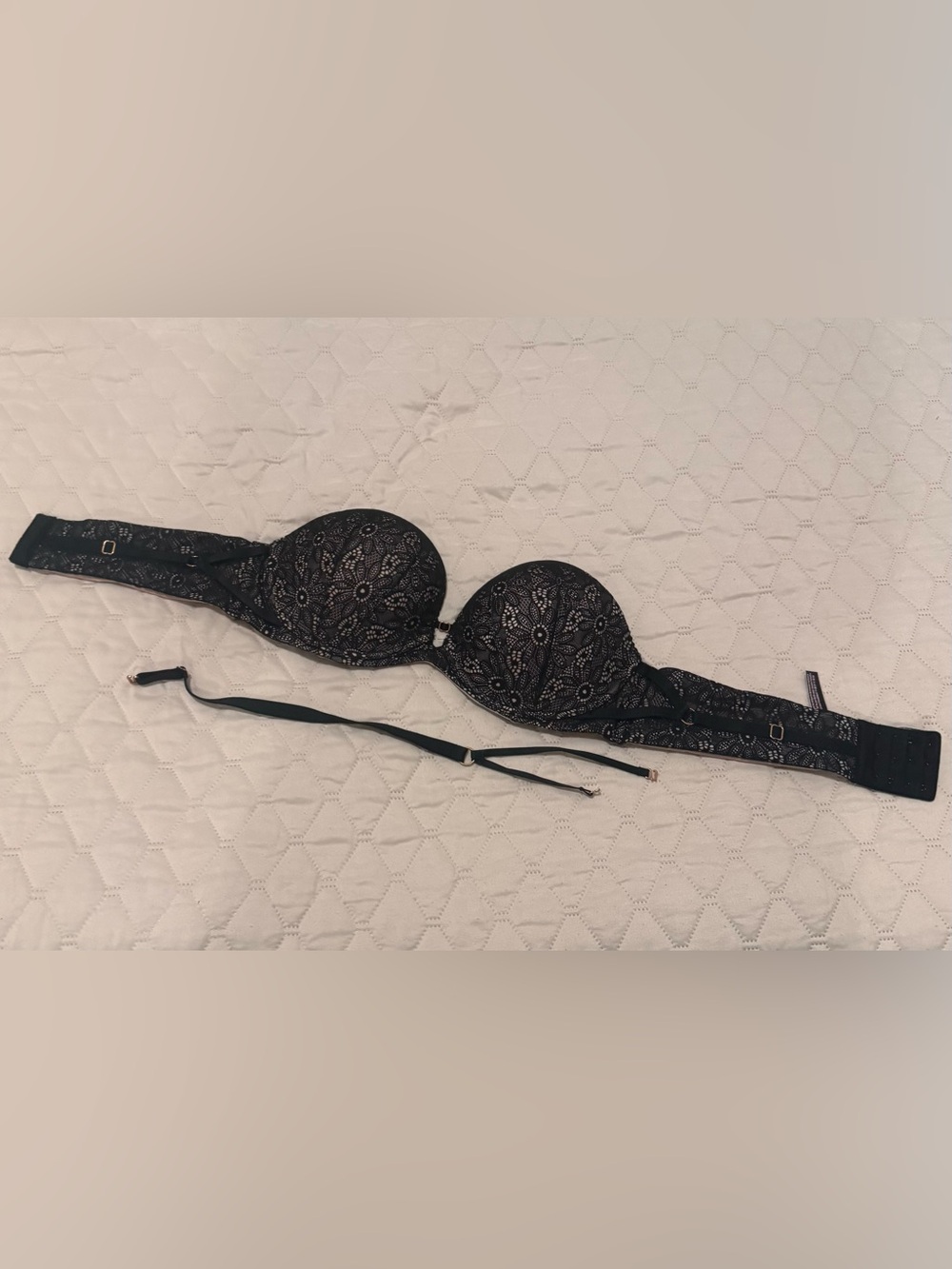 Victoria’s Secret Black lace strapless push-up bra with floral design